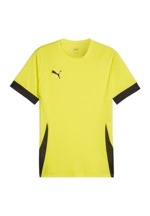 Helles gelbes Sport-T-Shirt mit kurzen Ärmeln, das schwarze Akzentpanels an den Ärmeln und an den Seiten aufweist, mit einem kleinen schwarzen Logo auf der Brust.