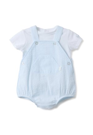 Witte babybody met korte mouwen en een romper met lichtblauwe strepen, voorzien van een voorzak en schouderbandjes met knopen.