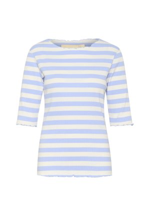 Randig topp i ribbat tyg, med växlande ljusblå och vita ränder, rundad halsringning och 3/4-långa ärmar med vågiga kanter.