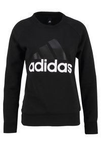 Sudadera negra de mezcla de algodón, con cuello redondo, puños acanalados y un destacado logo blanco de "adidas" en la parte frontal.
