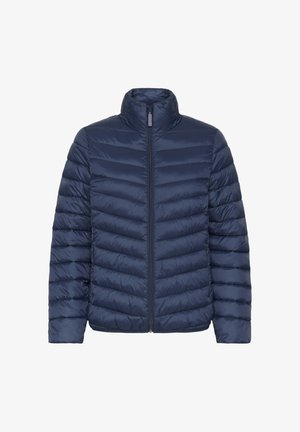 Tamsiai mėlynas pūkuotas paltas su aukštu apykakle ir priekiniais užtrauktukais, ilgomis rankovėmis ir horizontalia siuvinėjimo raštu.