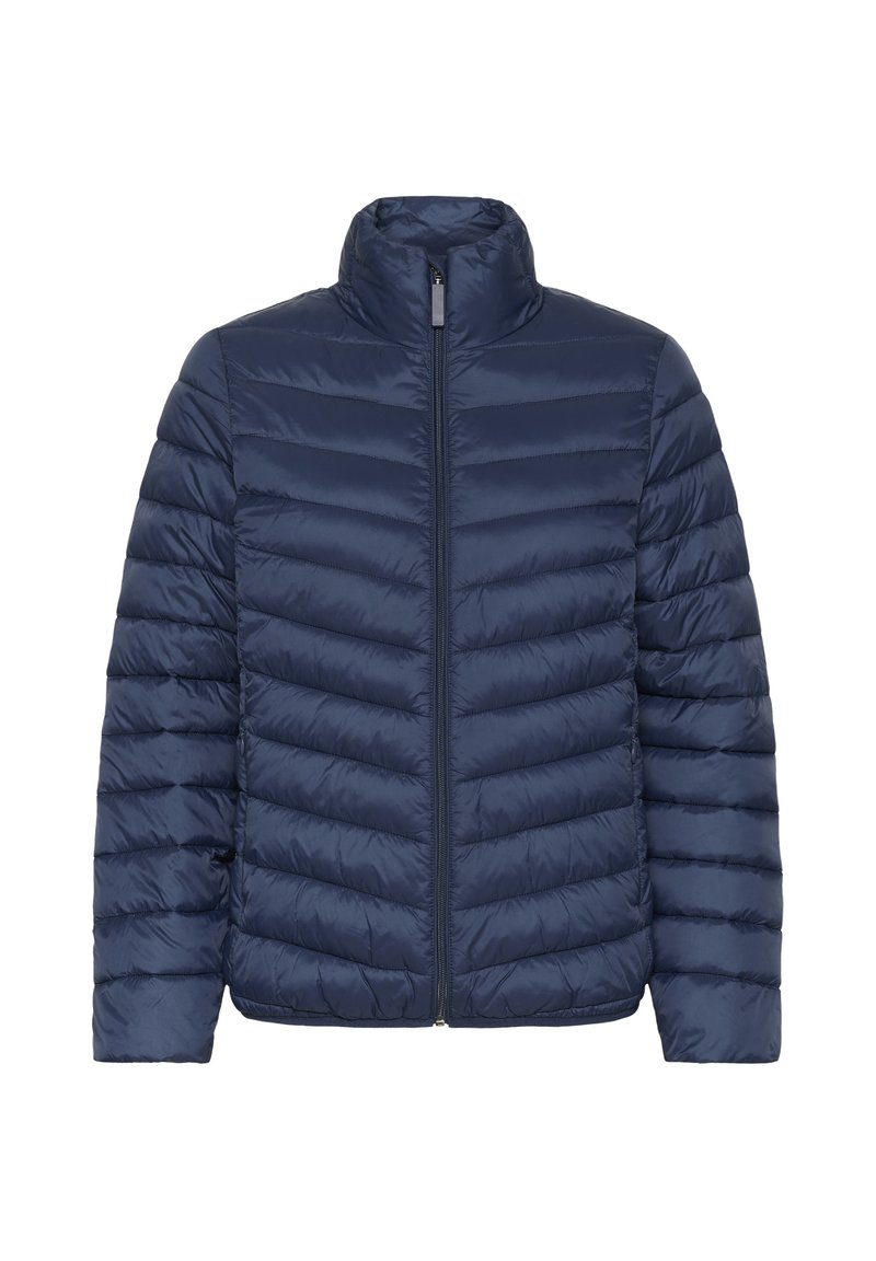 Tamno plava jakna s punjenjem, prešana u kvadrate, s visokim ovratnikom i prednjim zatvaračem, dugim rukavima i horizontalnim šavovima.