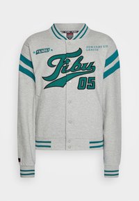 Gray sweatshirt jacket with teal striped sleeves, featuring large embroidered logo, button closure, and ribbed cuffs.