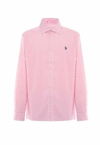 Camicia a righe con bottoni, caratterizzata da righe verticali rosa e bianche, un logo blu sul petto e colletto classico con maniche lunghe.