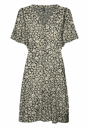 Blomstret kjole med mørk baggrund og hvide samt cremede abstrakte blomster, korte ærmer, V-hals og knaplukning foran.