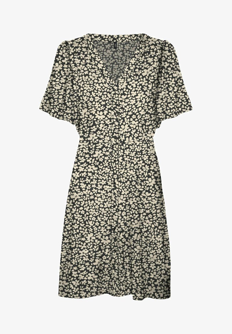 Sukienka w kwiaty na ciemnym tle z białymi i kremowymi abstrakcyjnymi kwiatami, krótkie rękawy, dekolt w serek oraz przód zapinany na guziki.