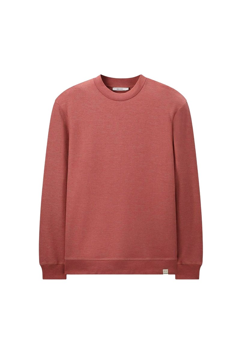 Rode sweatshirt van zachte stof, met een ronde halslijn, lange mouwen en geribbelde manchetten en onderrand. Minimalistisch ontwerp, zonder patronen.