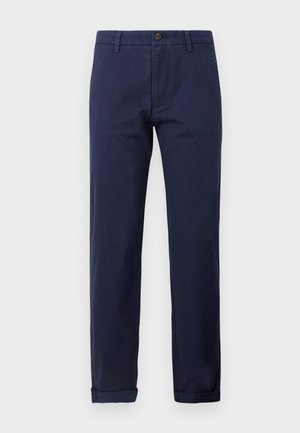 Marineblauwe heren chino's met riemlussen, knoopsluiting, ritssluiting en omgeslagen zoom.