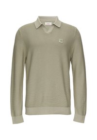Helles olivgrünes Sweatshirt mit langen Ärmeln, einem V-Ausschnitt und einem kragenlosen Design. Es zeichnet sich durch einen strukturierten Strickstoff und ein kleines Markenlogo auf der Brust aus.