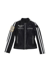 Giubbotto da moto nero con strisce bianche, tasche con zip e toppe. Presenta un colletto alto e lati a costine per un look aderente.