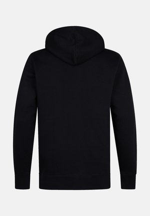 Hoodie noir au toucher doux, avec une capuche à cordon de serrage, des manches longues et un ourlet côtelé. L'arrière est uni sans détails supplémentaires.