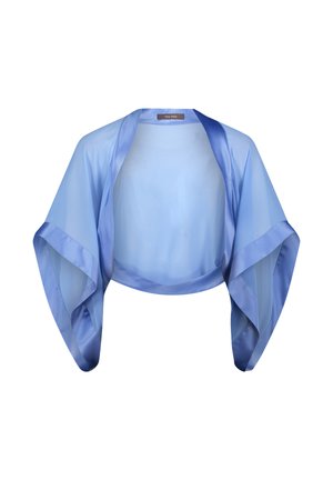 Hellblauer, durchsichtiger Bolero mit weiten Ärmeln und Satinkante, kurz geschnitten, offene Vorderseite, entworfen für festliche Damenbekleidung.