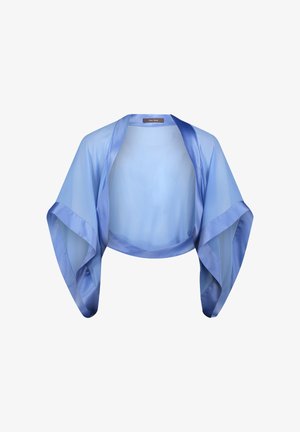 Hellblauer, durchsichtiger Bolero mit weiten Ärmeln und Satinkante, kurz geschnitten, offene Vorderseite, entworfen für festliche Damenbekleidung.