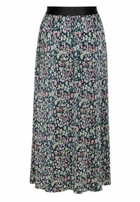 Gonna plissettata floreale con vita elastica nera. Presenta uno sfondo blu con piccoli motivi floreali rosa e verdi.