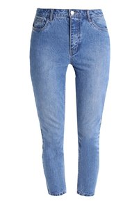 Světlé modré džíny s vysokým pasem vyrobené z denimu, s pěti kapsami, předním zapínáním na knoflík a tapered nohavicemi s jemným vyblednutím.