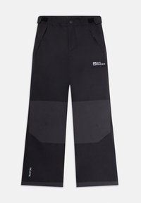 Svarte og mørkegrå utendørsbukser med justerbar midje, sidelommer og Jack Wolfskin-logo på høyre lår.