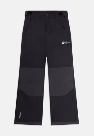 Pantaloni da outdoor neri e grigio scuro con vita regolabile, tasche laterali e logo Jack Wolfskin sulla coscia destra.