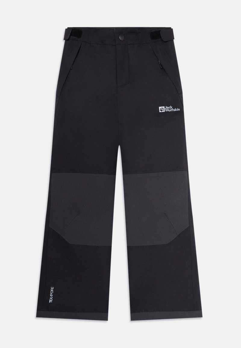 Svarte og mørkegrå utendørsbukser med justerbar midje, sidelommer og Jack Wolfskin-logo på høyre lår.
