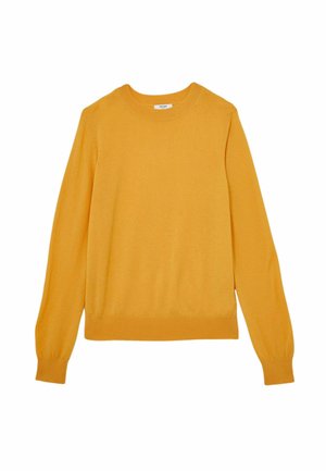 Geel langarmtrui van zachte stof, met een ronde hals, geribbelde manchetten en zoom, en een gladde textuur en eenvoudig ontwerp.