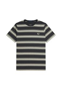 T-shirt a righe in cotone; presenta strisce in blu scuro e crema, collo a giro e un piccolo logo ricamato sul lato sinistro del petto.