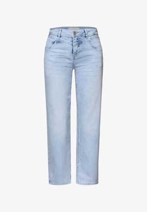 Lyseblå denimjeans med lige ben, lukning med knap og lynlås, forlommer og diskrete whiskering-detaljer på lårene.
