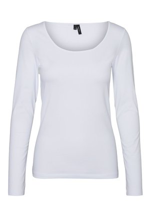Haut à manches longues blanc en tissu extensible, avec un col rond et un design ajusté. Texture lisse sans motifs ni accents visibles.