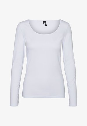 Haut à manches longues blanc en tissu extensible, avec un col rond et un design ajusté. Texture lisse sans motifs ni accents visibles.