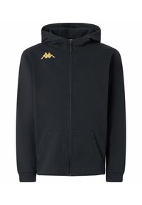 Felpa nera con zip, caratterizzata da una texture morbida, tasche frontali e un logo dorato sul lato sinistro del petto. Cappuccio regolabile con polsini a coste.