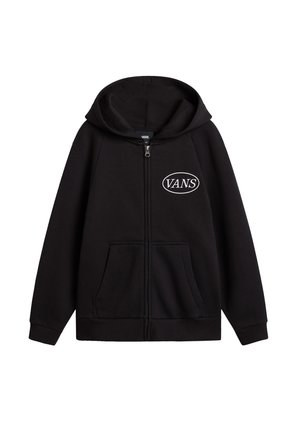 Black zip-up hoodie with front pockets, Vans logo in white oval on the left chest, and attached hood.