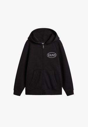 Czarna bluza z kapturem rozpinana na zamek, z przednimi kieszeniami, logo Vans w białej owalnej ramce na lewej piersi oraz przymocowanym kapturem.