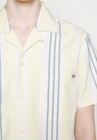Camicia a maniche corte di colore giallo chiaro con strisce verticali verdi e bianche. Presenta una tasca sul petto e un'etichetta sulla tasca. Il materiale sembra liscia.