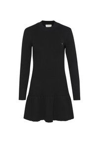 Robe noire en maille côtelée à manches longues, avec un col rond et une jupe courte évasée.