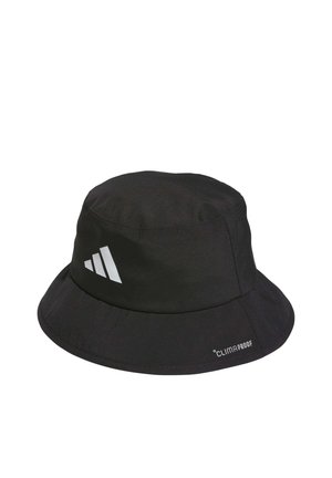 Sombrero tipo bucket negro con ala ancha, con un logo blanco de tres rayas y texto "CLIMAPROOF" en el ala.
