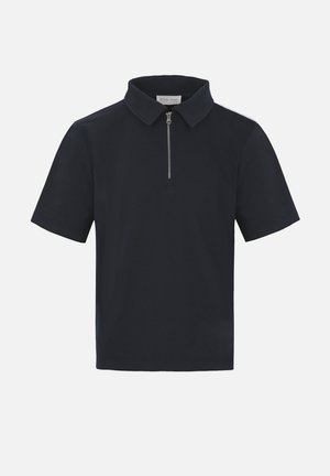 Black short-sleeve polo shirt with a collar and a front zipper, displayed on a plain white background.