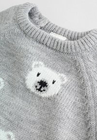 Gray knitted sweater featuring a white polar bear face design on the front. The neckline is ribbed with a soft texture.