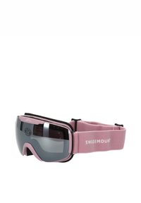 Skibril met een roze frame, grijze gespiegelde lenzen en een brede, verstelbare band met het logo "SWEDEMOUNT".