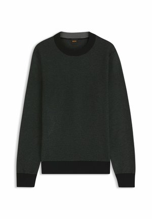Black knitted sweater with a textured design, ribbed crew neck, and long sleeves. Contrast ribbed cuffs and hem. Simple, modern silhouette.