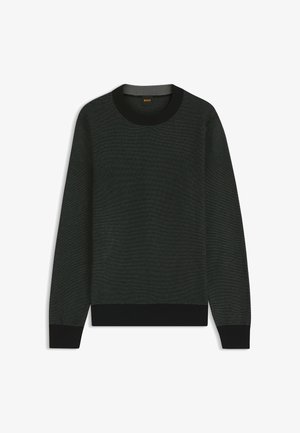 Schwarzer, gestrickter Pullover mit strukturiertem Design, geripptem Rundhalsausschnitt und langen Ärmeln. Kontrastierende gerippte Abschlüsse an den Ärmeln und dem Saum. Schlichte, moderne Silhouette.