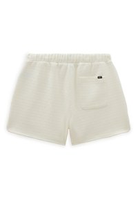 Lys beige vævede shorts med elastisk talje, featuring et struktureret mønster og en enkelt baglomme. Brandlabel synlig på lommen.