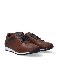 Brown leather sneakers with navy accents, featuring a lace-up design, smooth texture, and a white rubber sole with a textured tread.