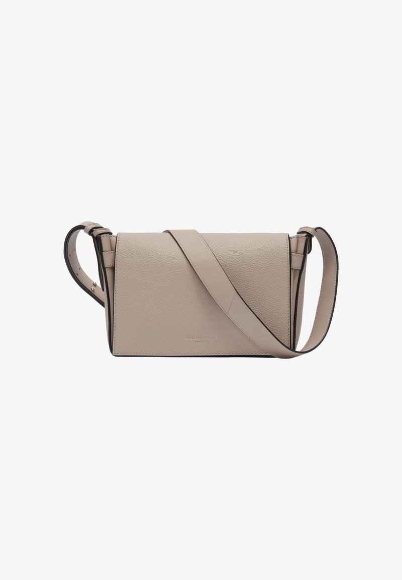 Beige Leder Umhängetasche mit einem strukturierten Design, verstellbarem Riemen und dezentem Branding. Texturierte Oberfläche mit klaren Linien und minimalen Akzenten.