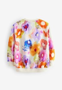 Sweatshirt blanc avec des imprimés floraux vibrants de style aquarelle en orange, violet, rose, bleu et vert, doté de poignets et d'un ourlet côtelés.