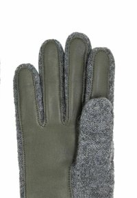 Green leather and gray wool blend glove features a textured finish, five fingers, and stitching detail along the edges.