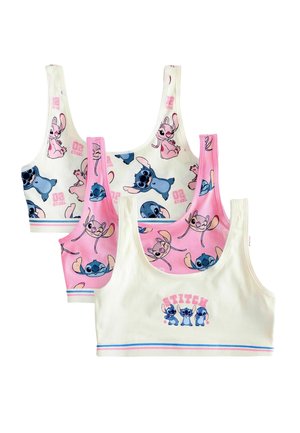 Tre børns sports-bh'er med Stitch- og engel-kanin-prints i hvide og lyserøde farver, med tegneseriefigurer og farverige striber i kanten.