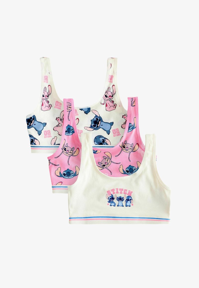 Trois soutiens-gorge de sport pour enfants avec imprimés Stitch et lapin ange en blanc et rose, avec des personnages de dessins animés et des rayures colorées à l’ourlet.