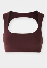 Burgunderfarget croptopp med bred u-skjæring og utsparinger bak. Laget av glatt stoff, har den en tettsittende design.