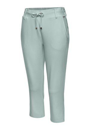 Hellgrüne Caprihosen aus weichem Material mit elastischem Bund, Kordelzug und seitlichen Taschen. Glatte Textur, lässiges Design.