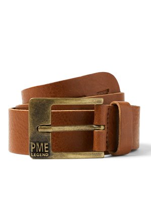 Brown leather belt rolled with aged brass rectangular buckle engraved with "PME LEGEND" on a white background.