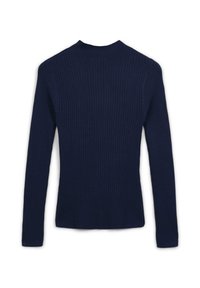 Marineblaues, geripptes langärmliges Sweater mit Rundhalsausschnitt, aus strukturiertem Stoff und figurbetontem Design, zeigt die Rückansicht.