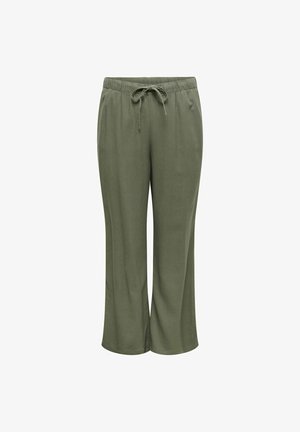 Pantalon vert olive à jambes larges avec taille élastique et lien de serrage à nouer sur le devant, confectionné en tissu doux et léger.